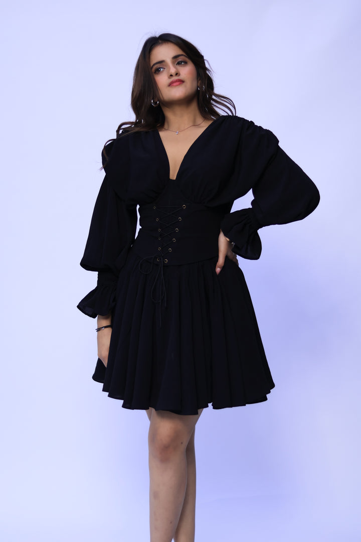 Elegant Black Corset Dress with Detachable Sleeves