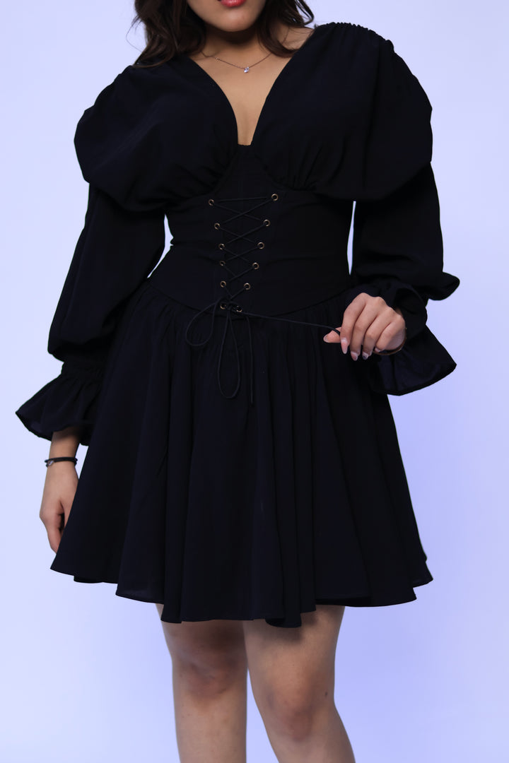 Elegant Black Corset Dress with Detachable Sleeves