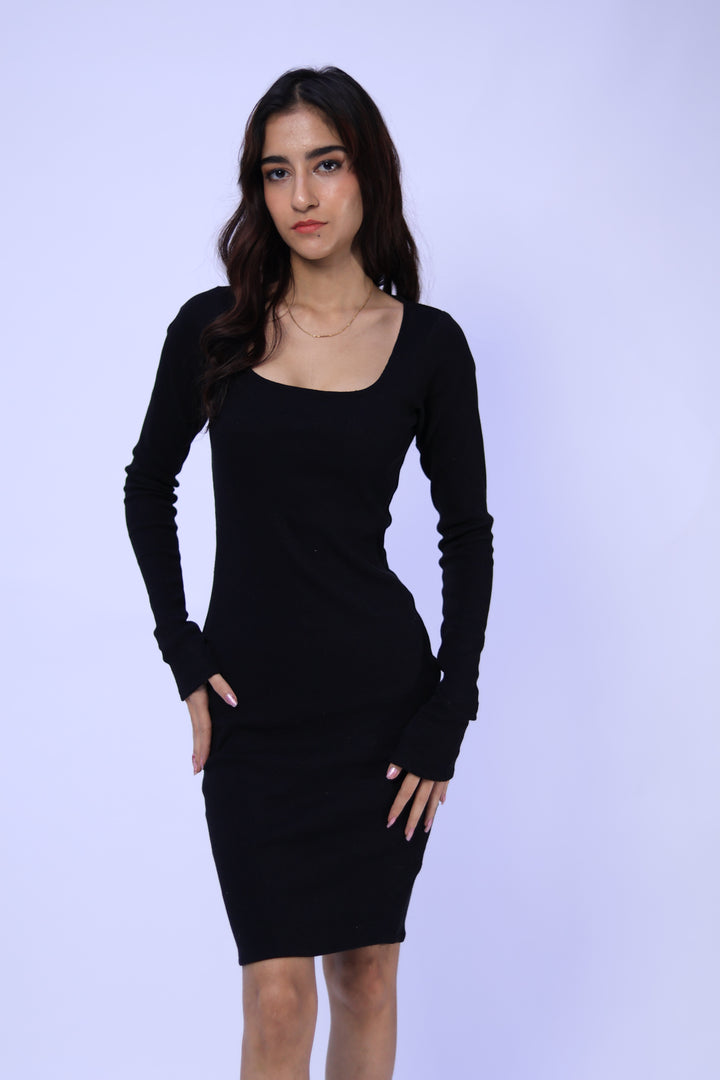 Black Ribbed Bodycon Dress With Thumb Hole