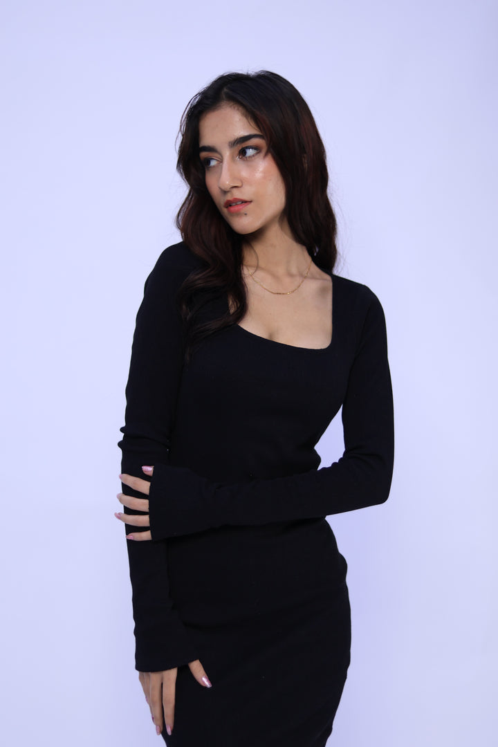 Black Ribbed Bodycon Dress With Thumb Hole