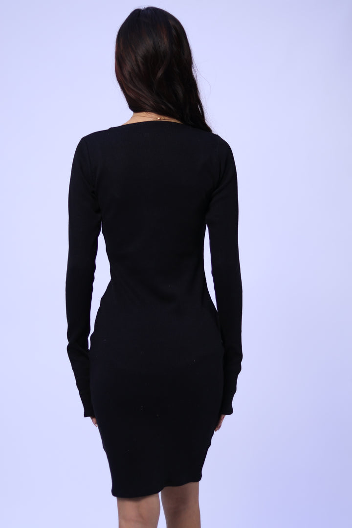 Black Ribbed Bodycon Dress With Thumb Hole