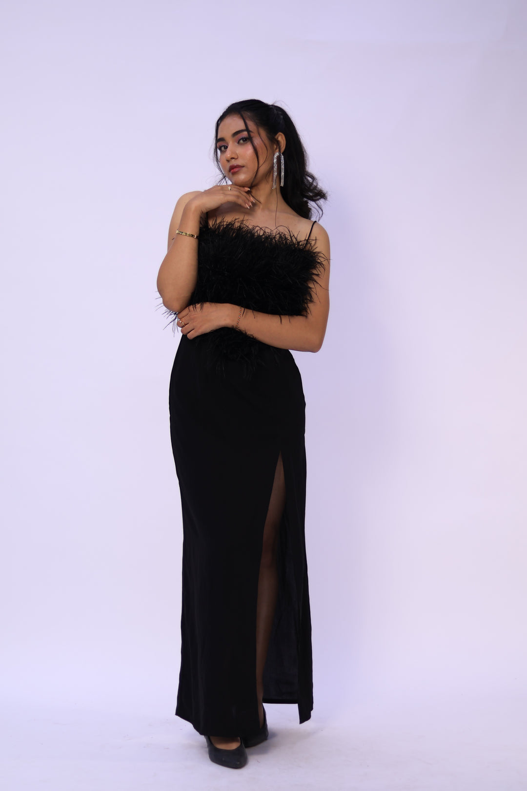 Noir Elegance Feathered Slit Gown