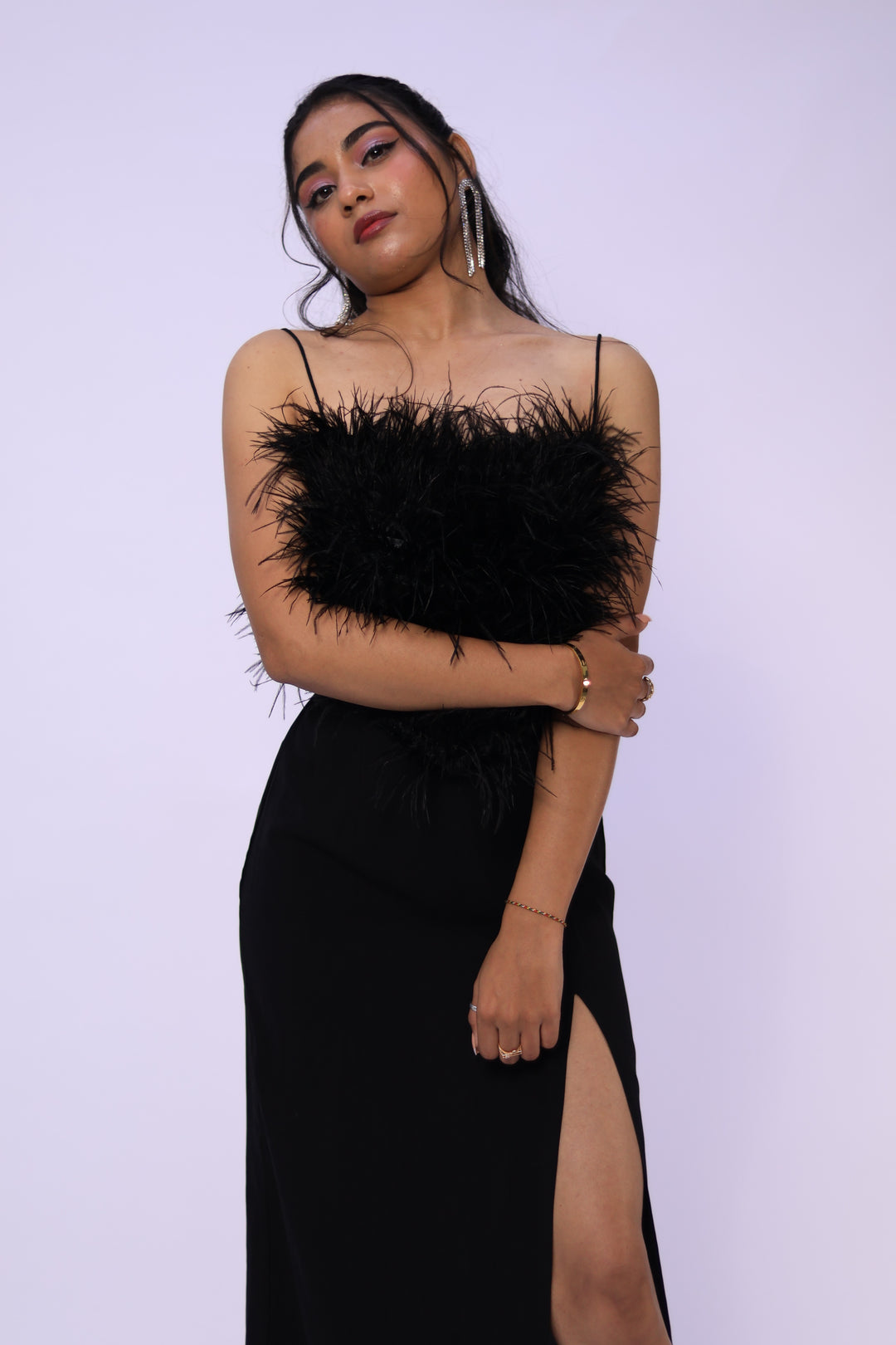 Noir Elegance Feathered Slit Gown