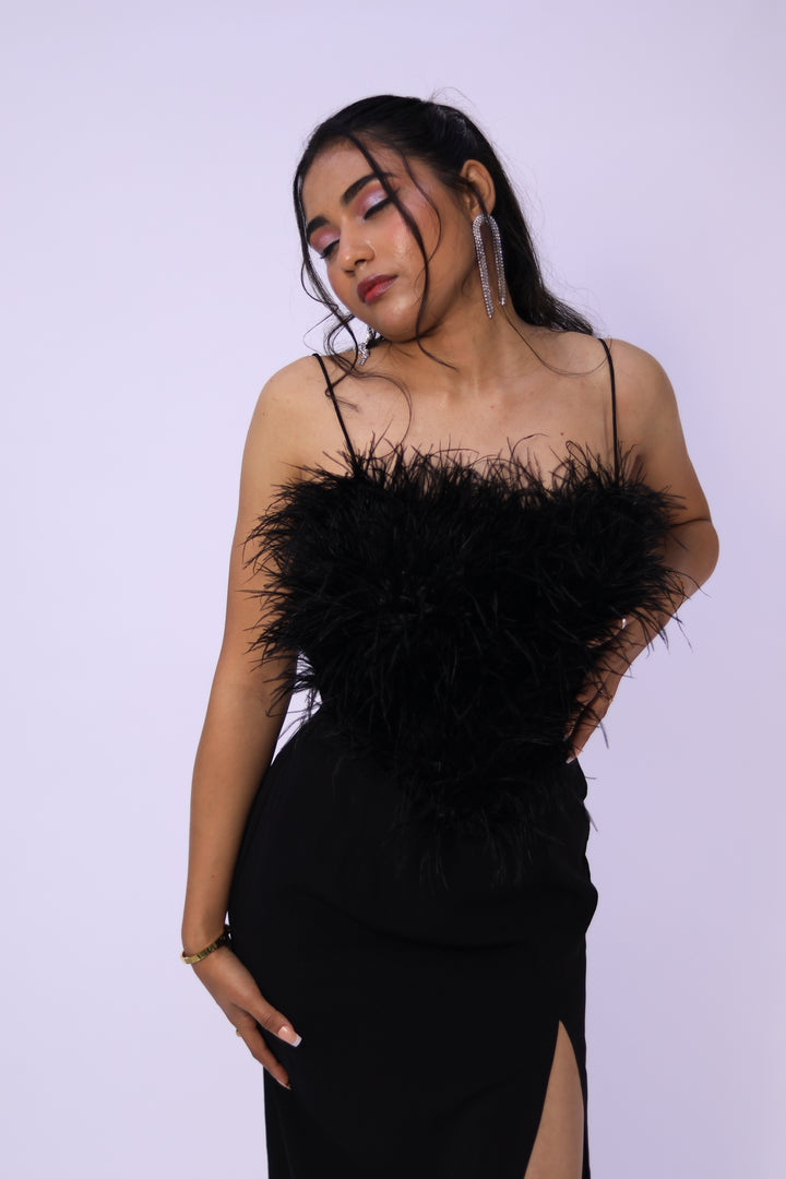 Noir Elegance Feathered Slit Gown