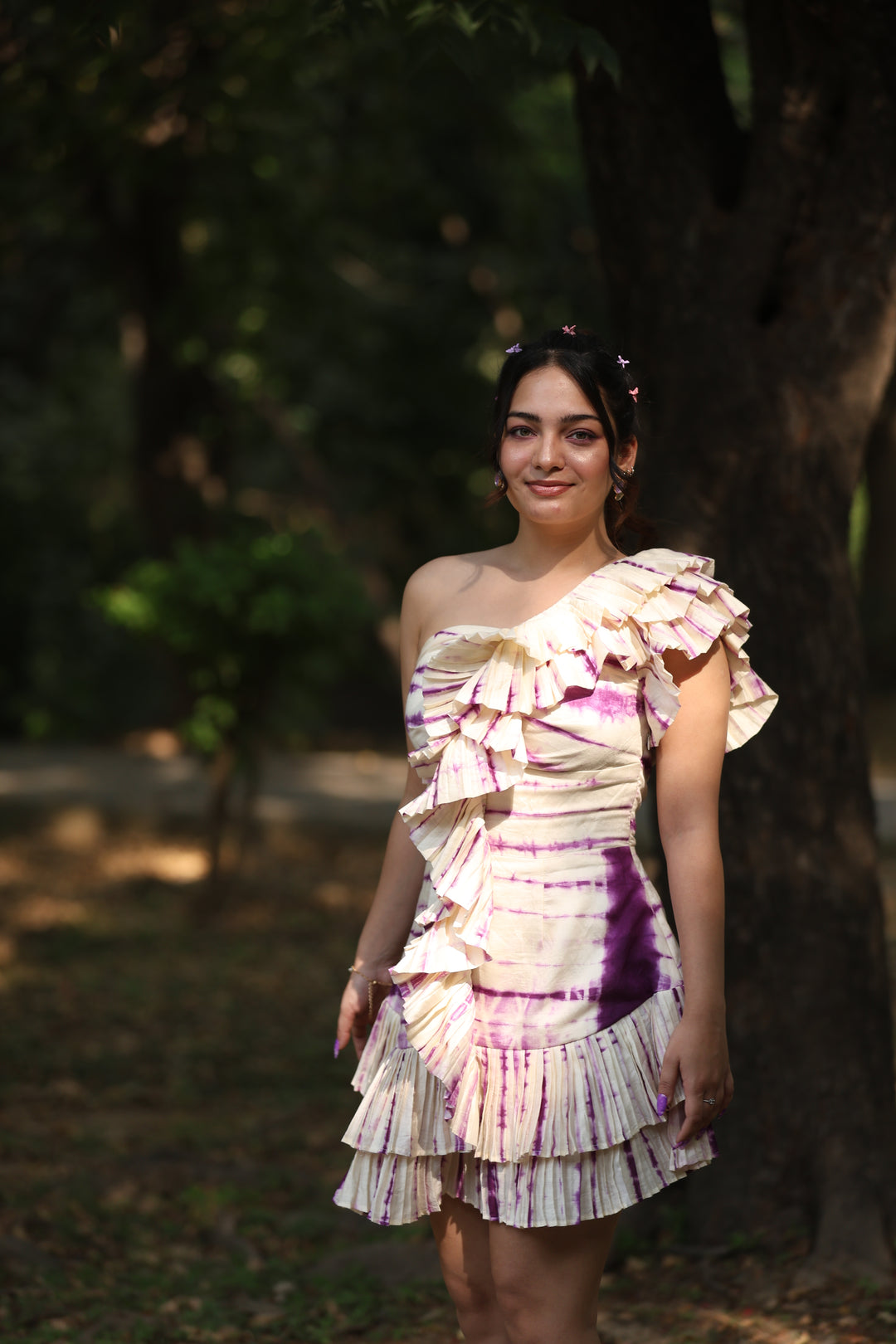 Ethereal Ruffled One-Shoulder Tie-Dye Mini Dress