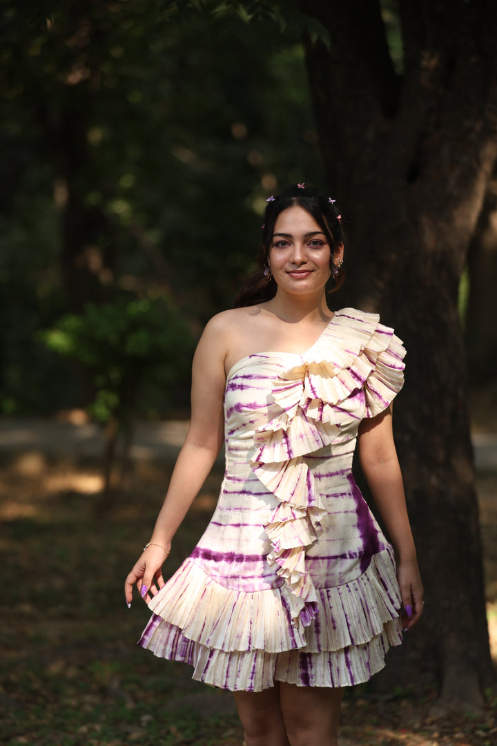 Ethereal Ruffled One-Shoulder Tie-Dye Mini Dress