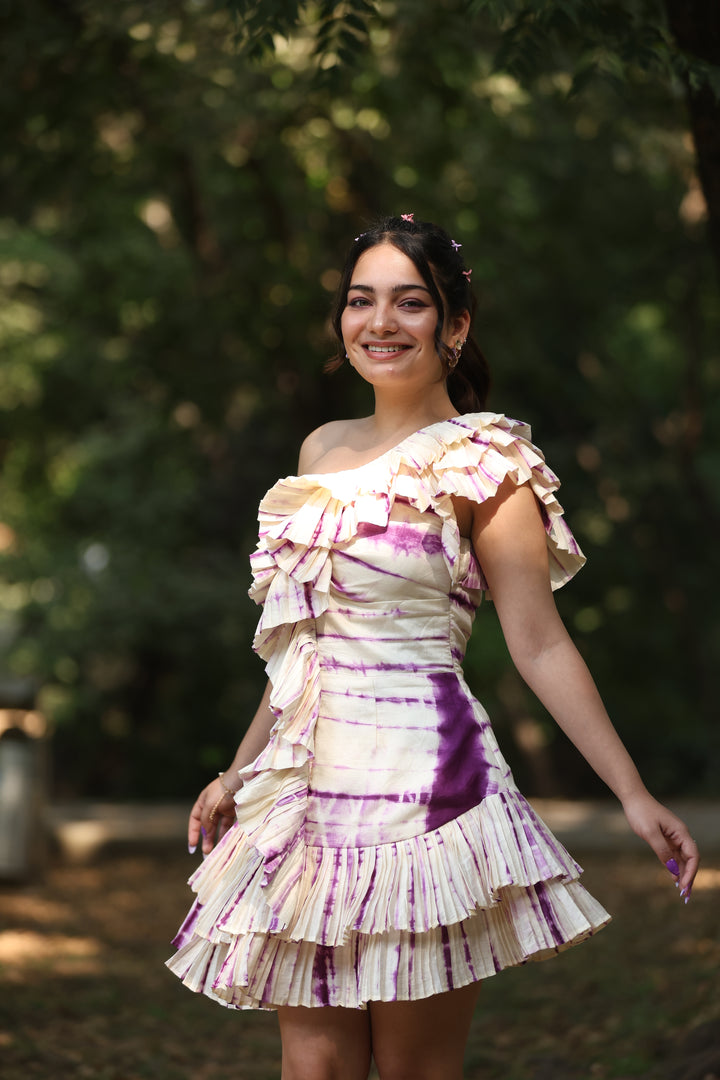 Ethereal Ruffled One-Shoulder Tie-Dye Mini Dress