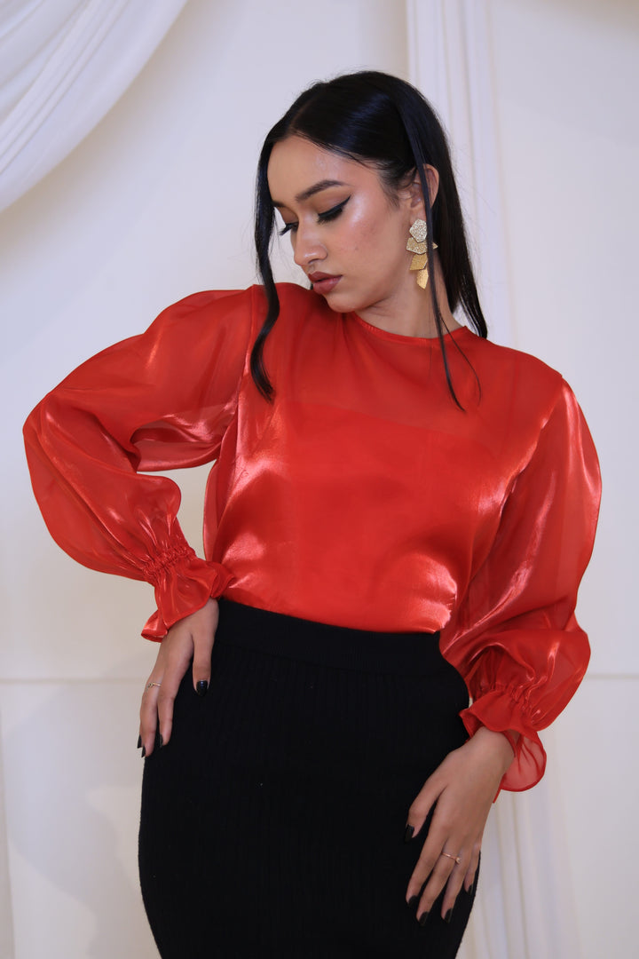 Fiery Allure "Scarlet Organza Bow-Tie Blouse"