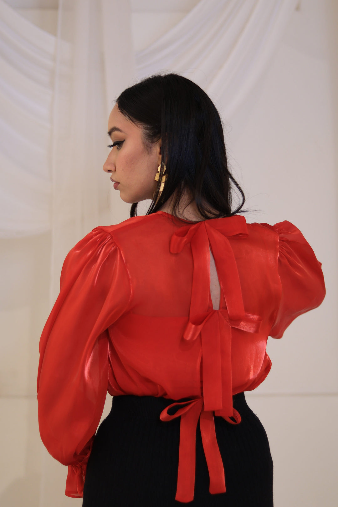 Fiery Allure "Scarlet Organza Bow-Tie Blouse"