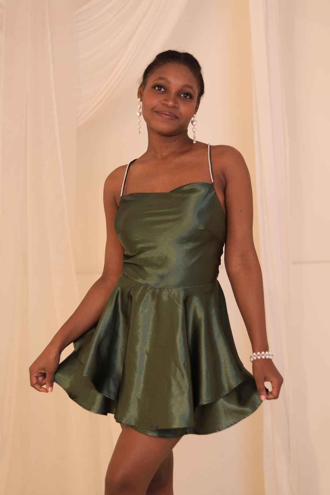 Emerald Elegance "Backless Tiered Satin Mini Dress"