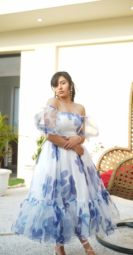 Ethereal Bloom Off-Shoulder Organza Midi Dress