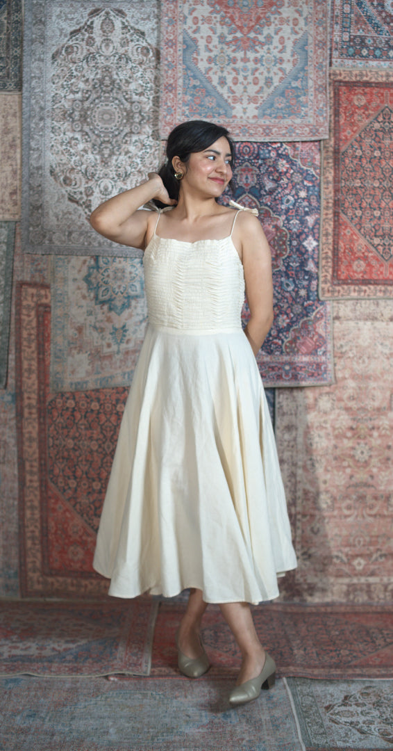 Vintage-Inspired Twisted Tucks Bodice Cream Dress