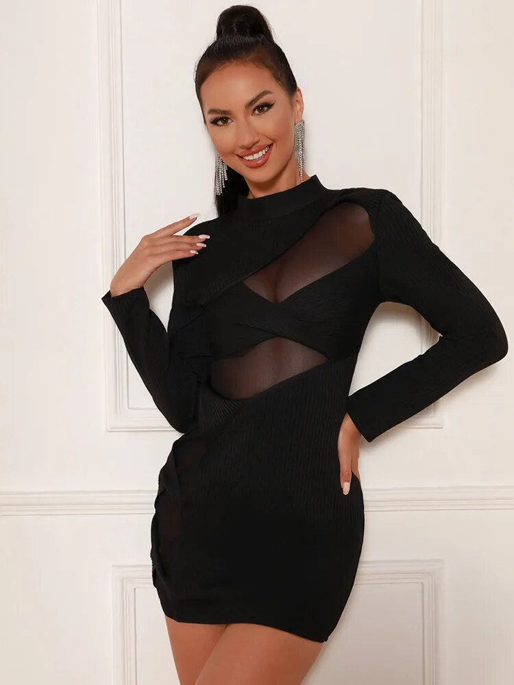 Black - Terina Long Sleeve Mesh Turtleneck Bandage Dress