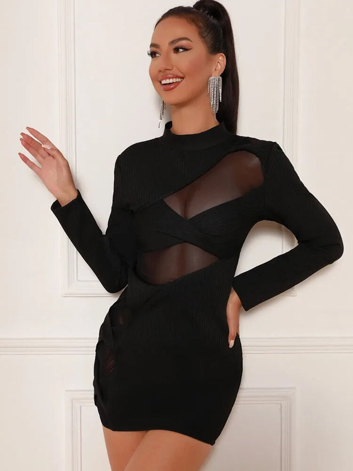 Black - Terina Long Sleeve Mesh Turtleneck Bandage Dress